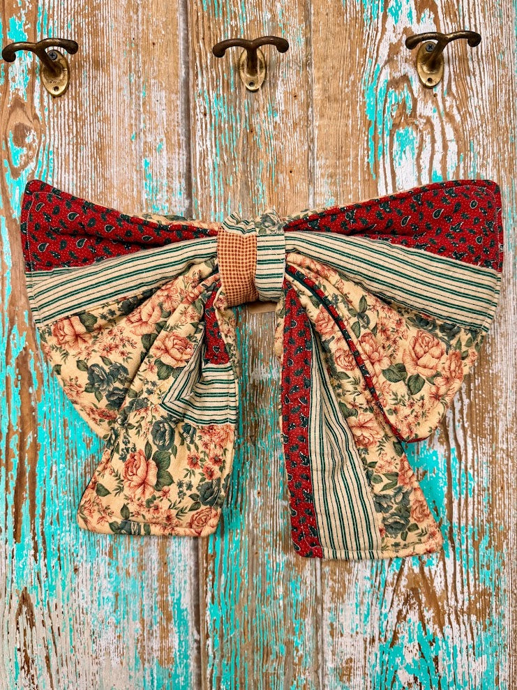 Upcycled Vintage Red & Green Floral Quilt Bow: 20" C1