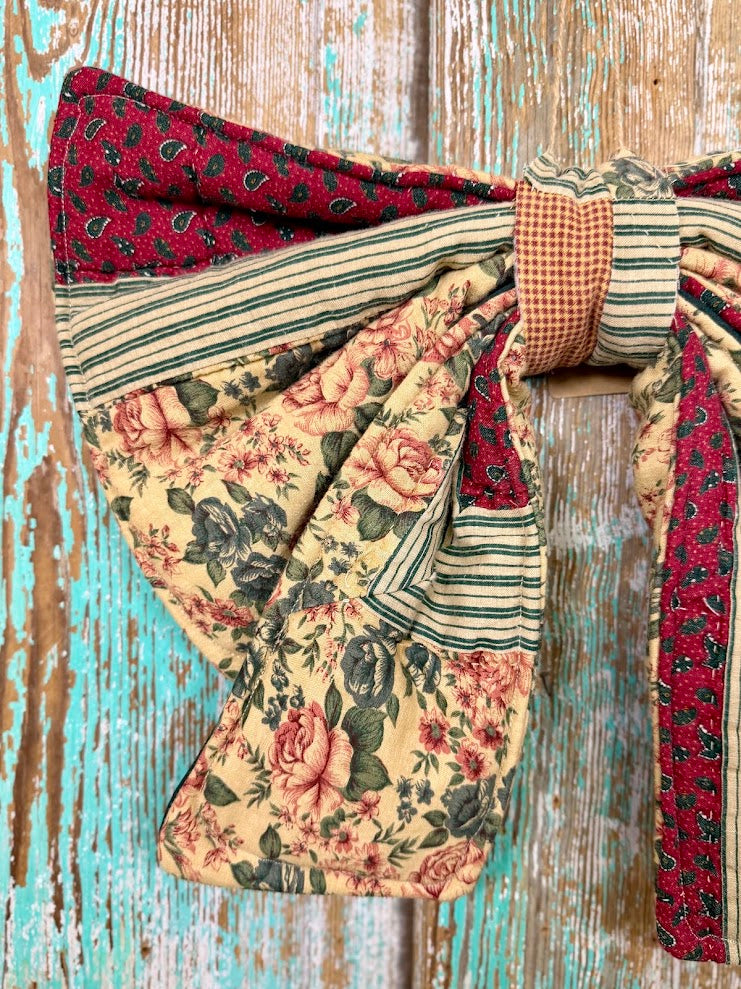 Upcycled Vintage Red & Green Floral Quilt Bow: 20" C1