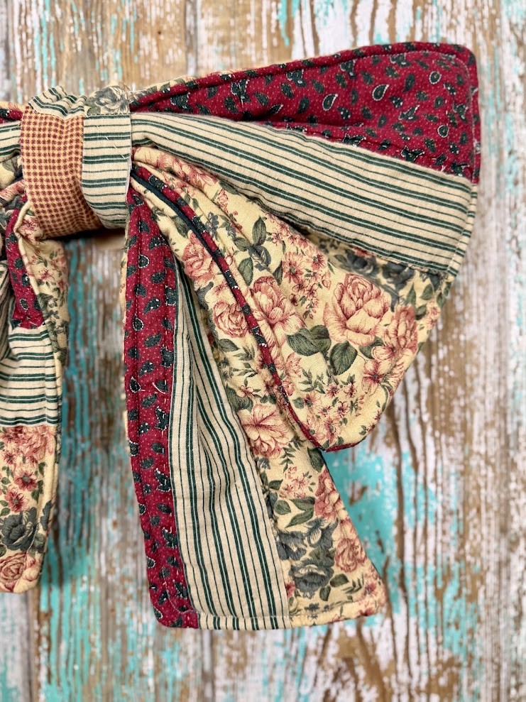 Upcycled Vintage Red & Green Floral Quilt Bow: 20" C1