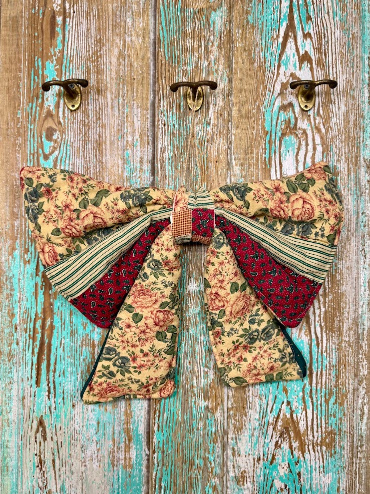 Upcycled Vintage Red & Green Floral Quilt Bow: 20" C1