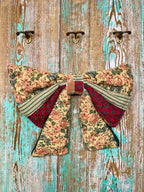 Upcycled Vintage Red & Green Floral Quilt Bow: 20" C1