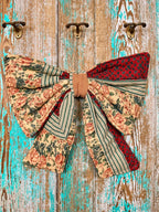 Upcycled Vintage Red & Green Floral Quilt Bow: 20" C2