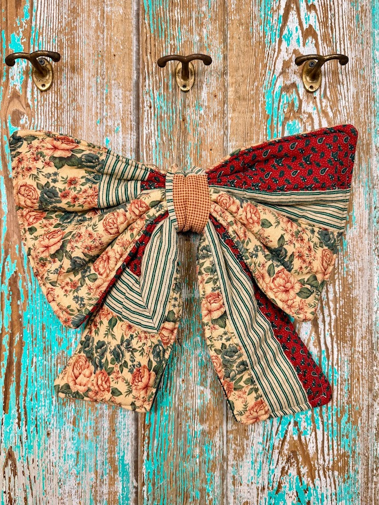 Upcycled Vintage Red & Green Floral Quilt Bow: 20" C2