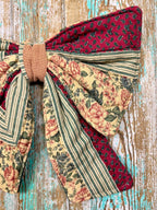 Upcycled Vintage Red & Green Floral Quilt Bow: 20" C2