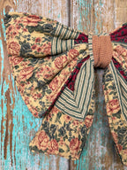 Upcycled Vintage Red & Green Floral Quilt Bow: 20" C2