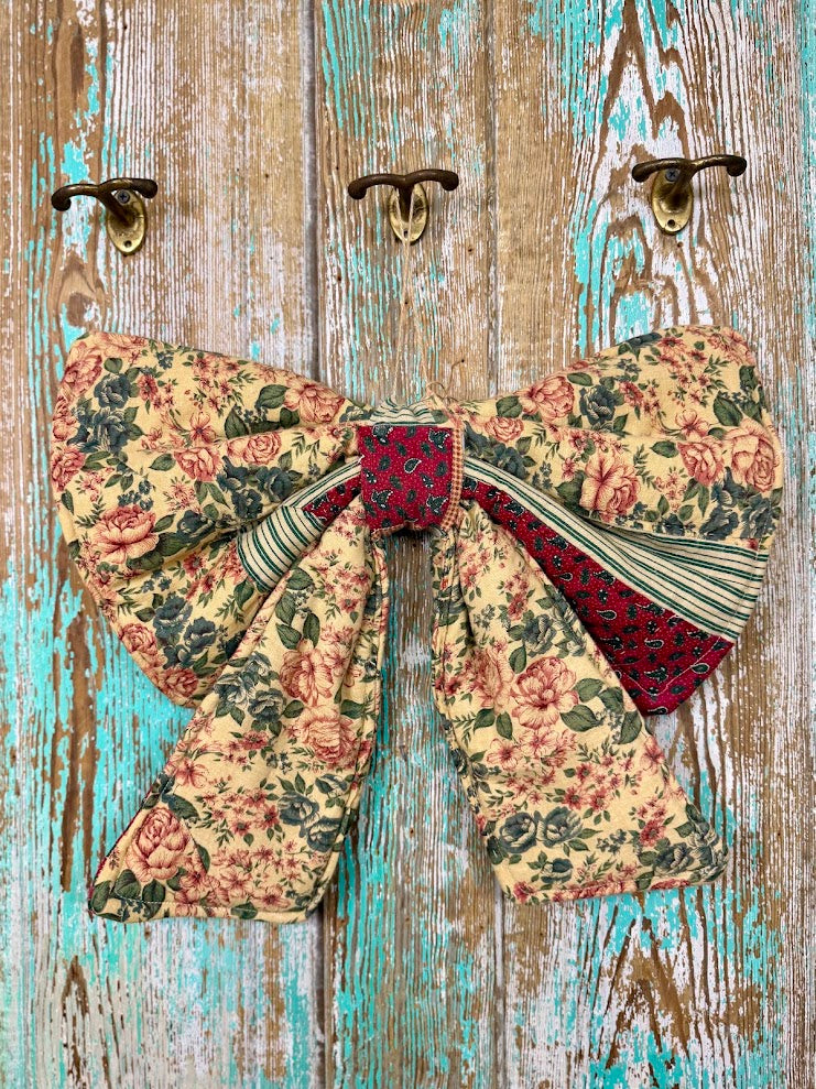 Upcycled Vintage Red & Green Floral Quilt Bow: 20" C2
