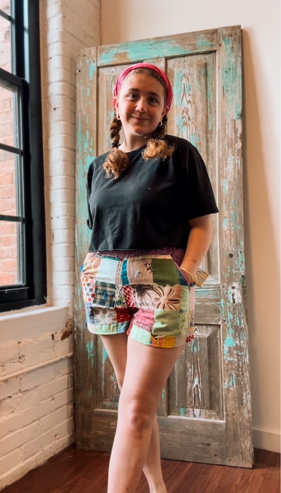 Upcycled "Crazy Patchwork" Vintage Quilt Shorts with Pockets: Women's Medium