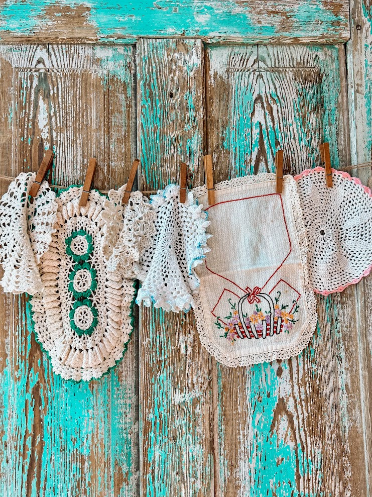 Set of 6 Vintage Crocheted Doilies and Embroidered Linens
