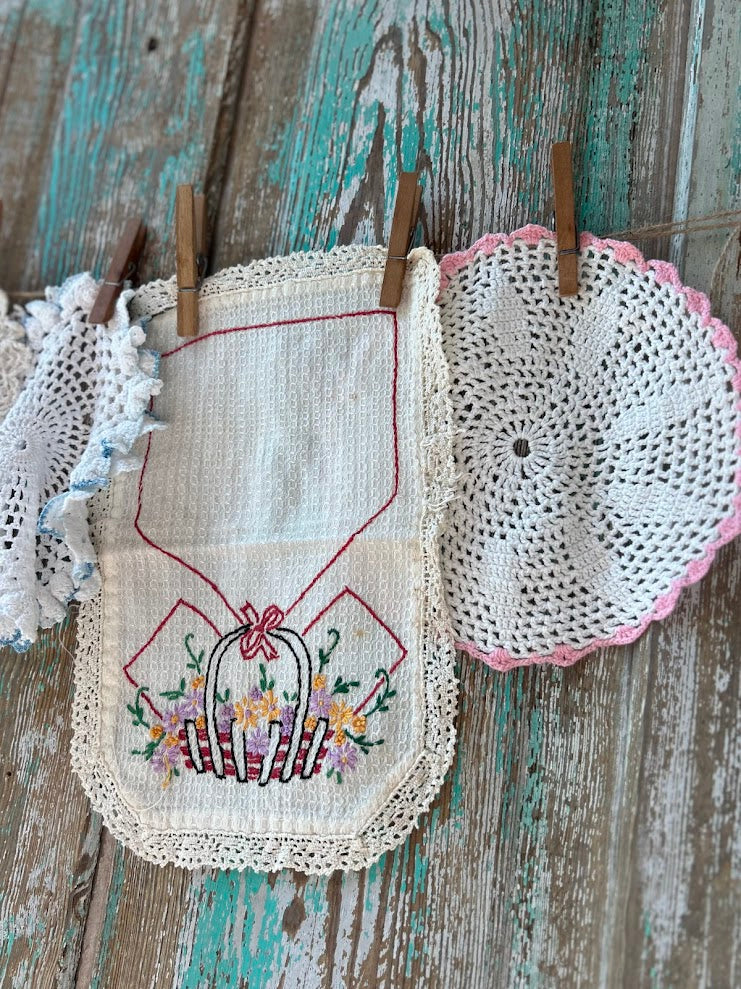Set of 6 Vintage Crocheted Doilies and Embroidered Linens