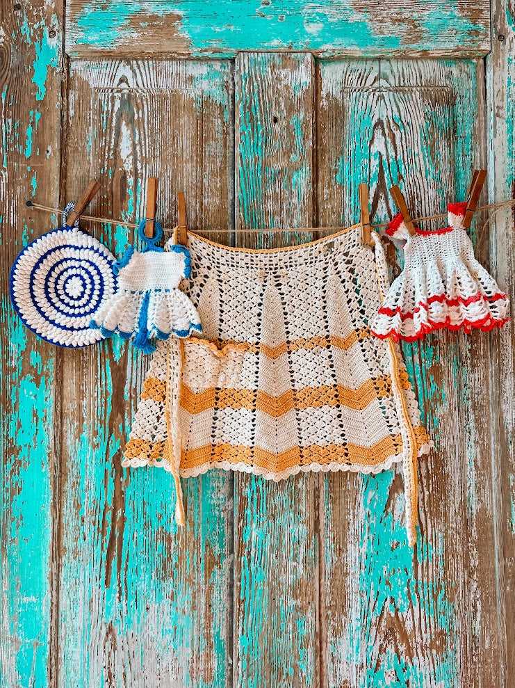 Set of 4 Vintage Crocheted Linens: Apron, Pot Holder, and Decor