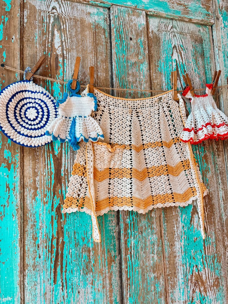 Set of 4 Vintage Crocheted Linens: Apron, Pot Holder, and Decor