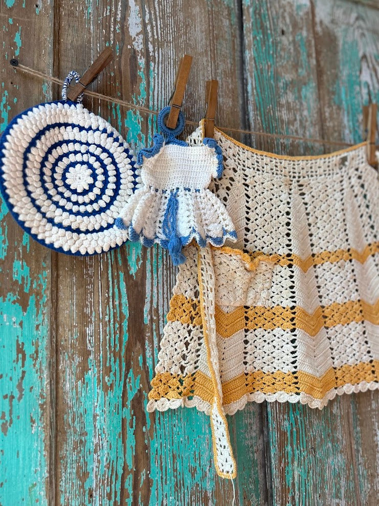 Set of 4 Vintage Crocheted Linens: Apron, Pot Holder, and Decor