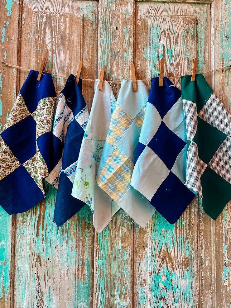 Set of 6 Vintage Quilt Squares: #7 Navy and Green