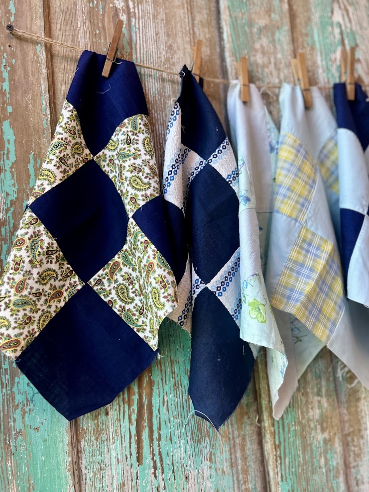 Set of 6 Vintage Quilt Squares: #7 Navy and Green