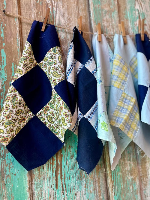 Set of 6 Vintage Quilt Squares: #7 Navy and Green