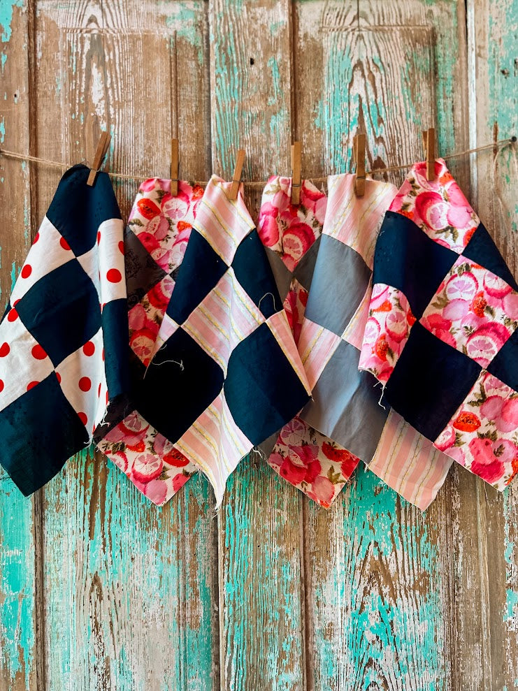 Set of 6 Vintage Quilt Squares: #8 Pink & Red