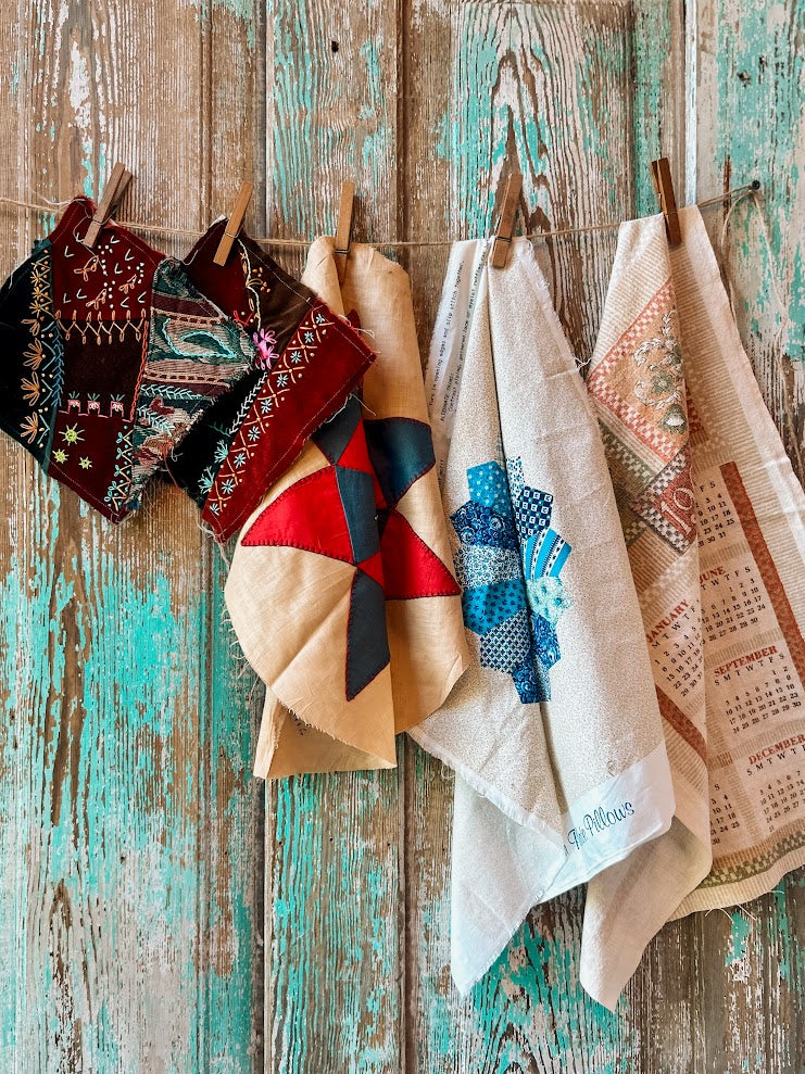 Set of 5 Vintage Quilt Squares and Linens