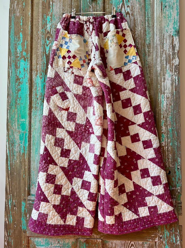 Upcycled "Maroon Dreams" Vintage Quilt Pants with Pockets: Women's Medium