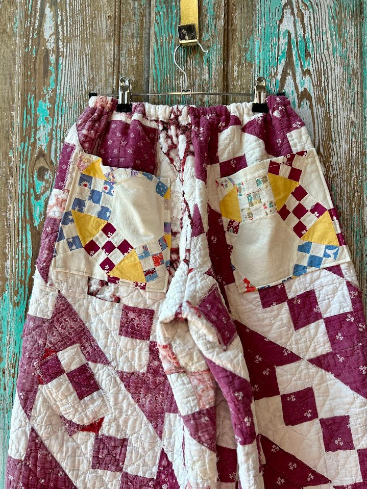 Upcycled "Maroon Dreams" Vintage Quilt Pants with Pockets: Women's Medium