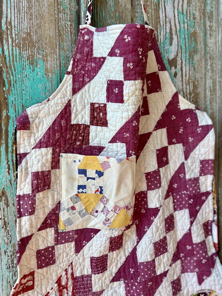 Upcycled "Maroon Dreams" #1 Vintage Quilt Apron: Adult Full