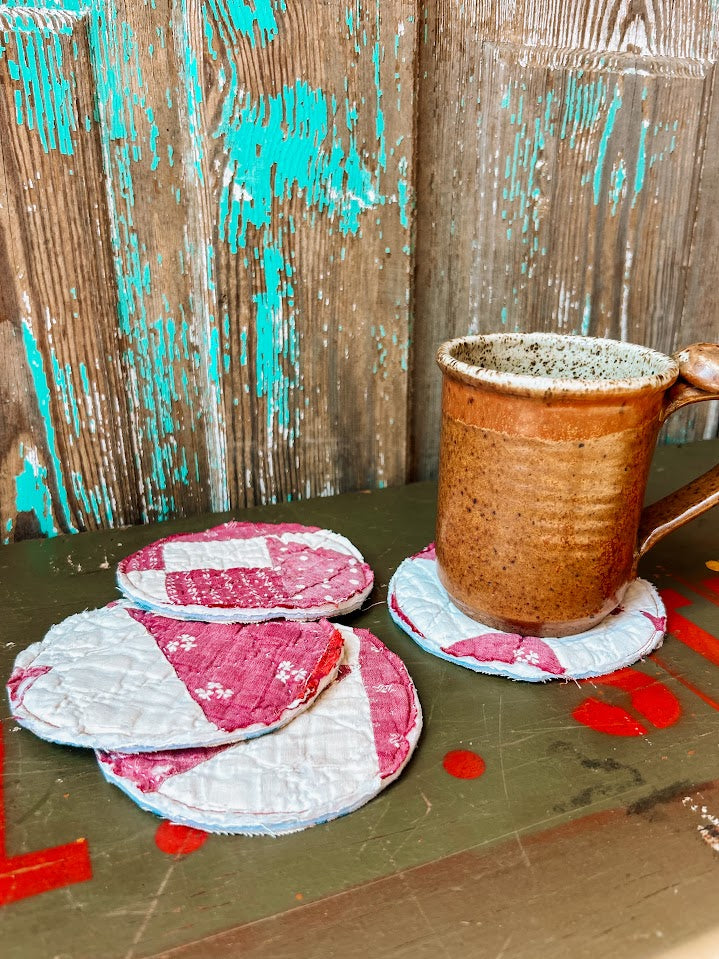 Set of 4 Upcycled Quilt Mug Rugs: Maroon Dreams