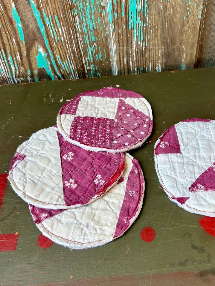 Set of 4 Upcycled Quilt Mug Rugs: Maroon Dreams