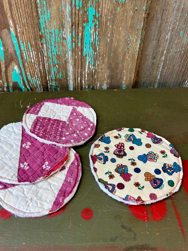 Set of 4 Upcycled Quilt Mug Rugs: Maroon Dreams