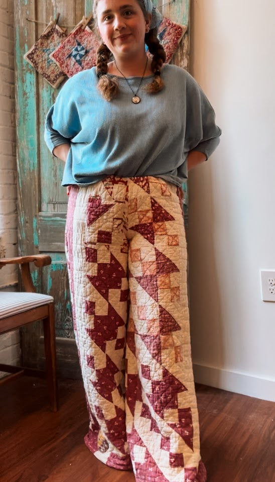 Upcycled "Maroon Dreams" Vintage Quilt Pants with Pockets: Women's Medium