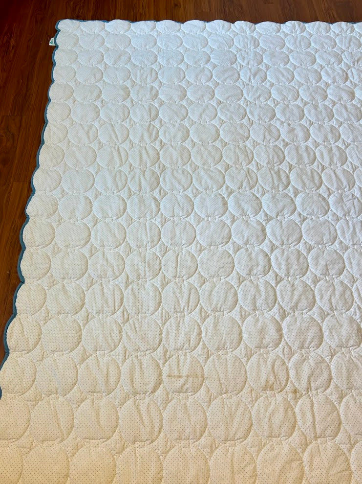Vintage 1980s White with Blue Polka Dots & Trim Quilt - As-is