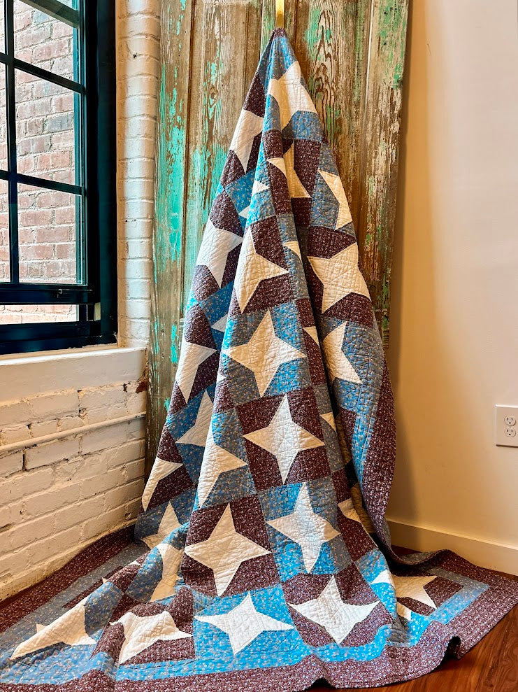 Vintage Blue Floral & Burgundy "Friendship Stars" Quilt