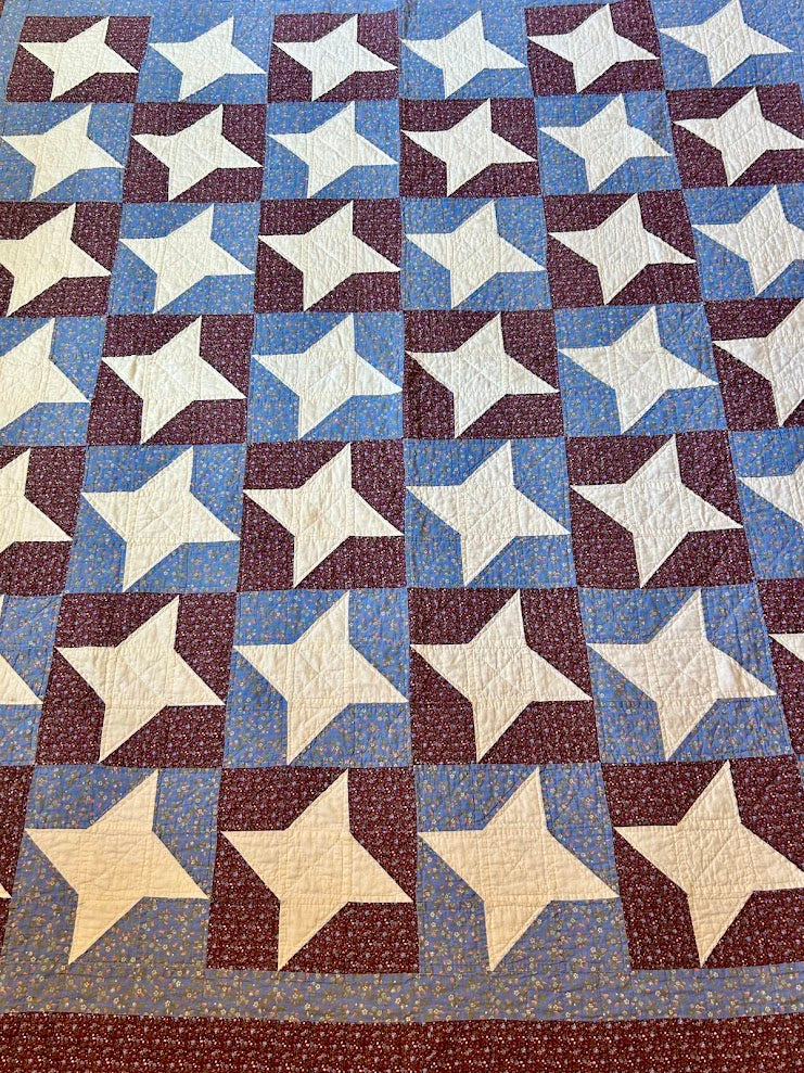 Vintage Blue Floral & Burgundy "Friendship Stars" Quilt