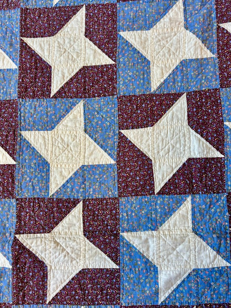 Vintage Blue Floral & Burgundy "Friendship Stars" Quilt