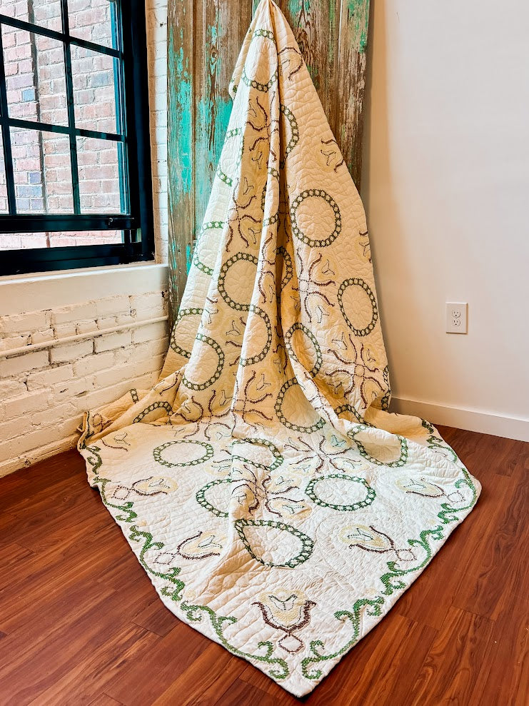Vintage Butter Yellow, Green, and Brown, Floral Embroidered Quilt