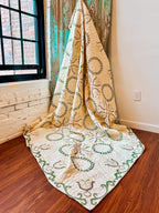 Vintage Butter Yellow, Green, and Brown, Floral Embroidered Quilt