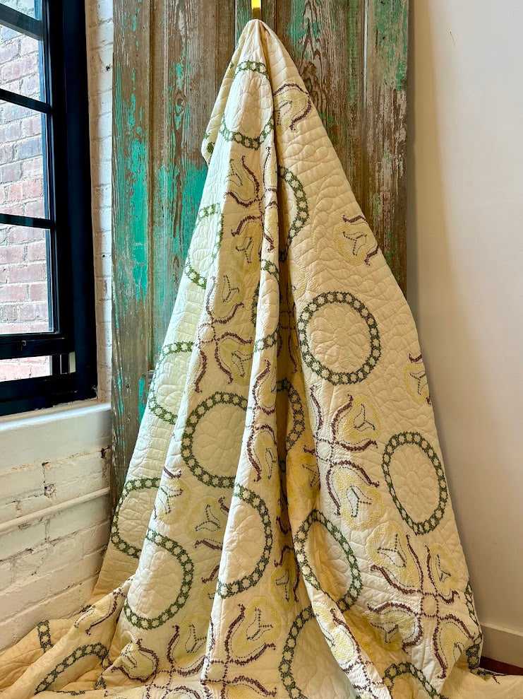 Vintage Butter Yellow, Green, and Brown, Floral Embroidered Quilt