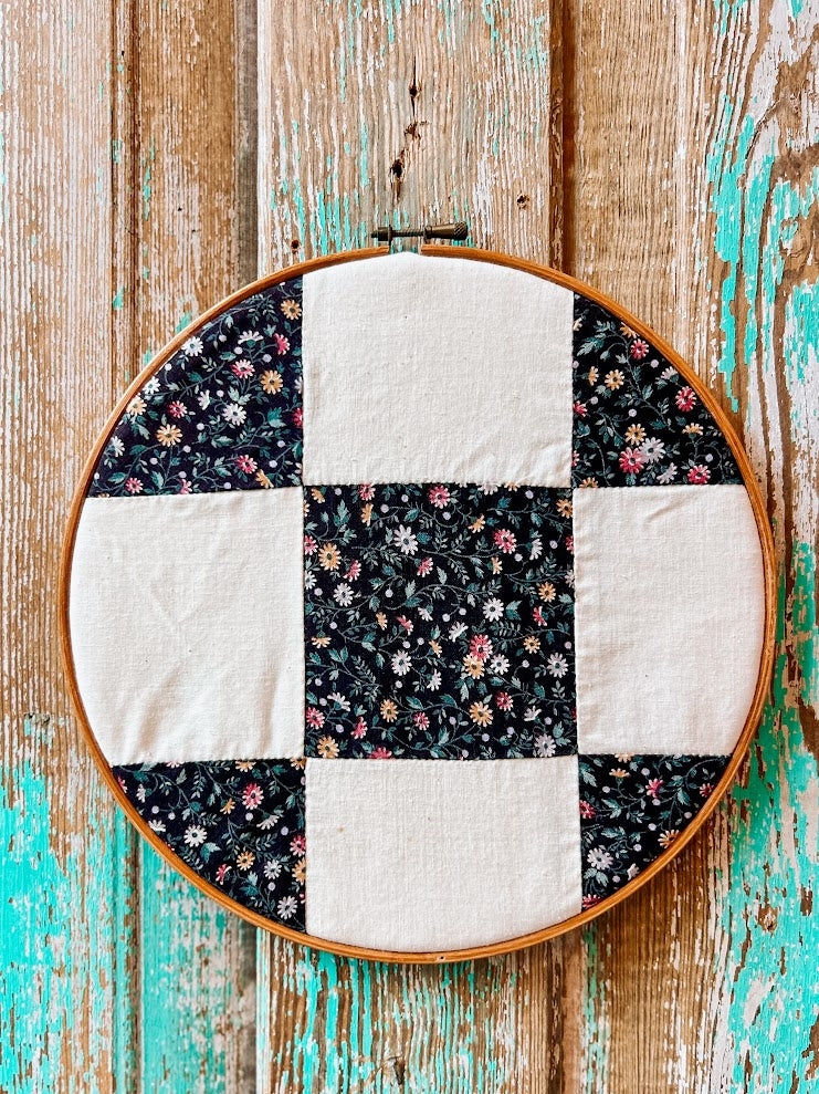 Upcycled Vintage Floral Patch Quilt in a Wooden Embroidery Hoop