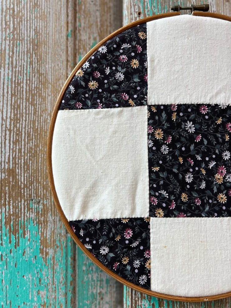 Upcycled Vintage Floral Patch Quilt in a Wooden Embroidery Hoop