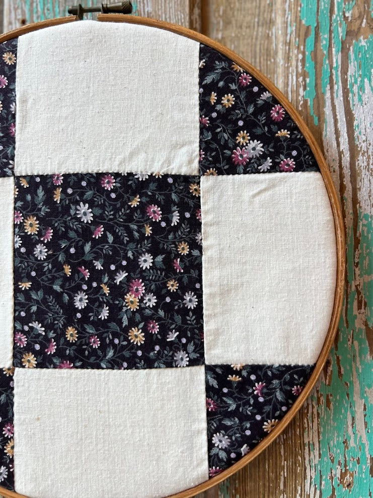 Upcycled Vintage Floral Patch Quilt in a Wooden Embroidery Hoop