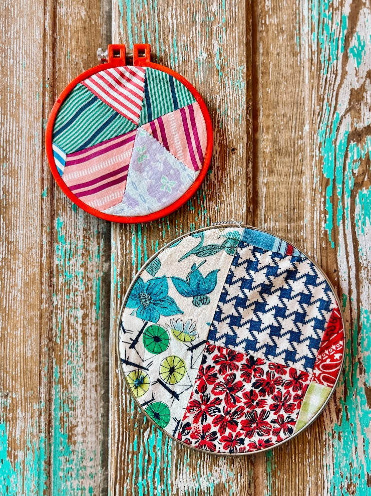 Set of Two Upcycled Vintage Crazy Quilts in Embroidery Hoops