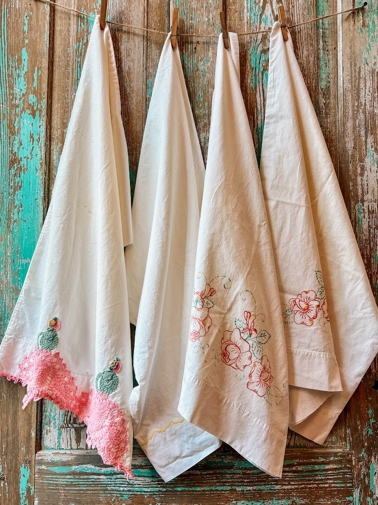 Set of 4 Vintage Crafting Pillowcases: Crocheted & Printed