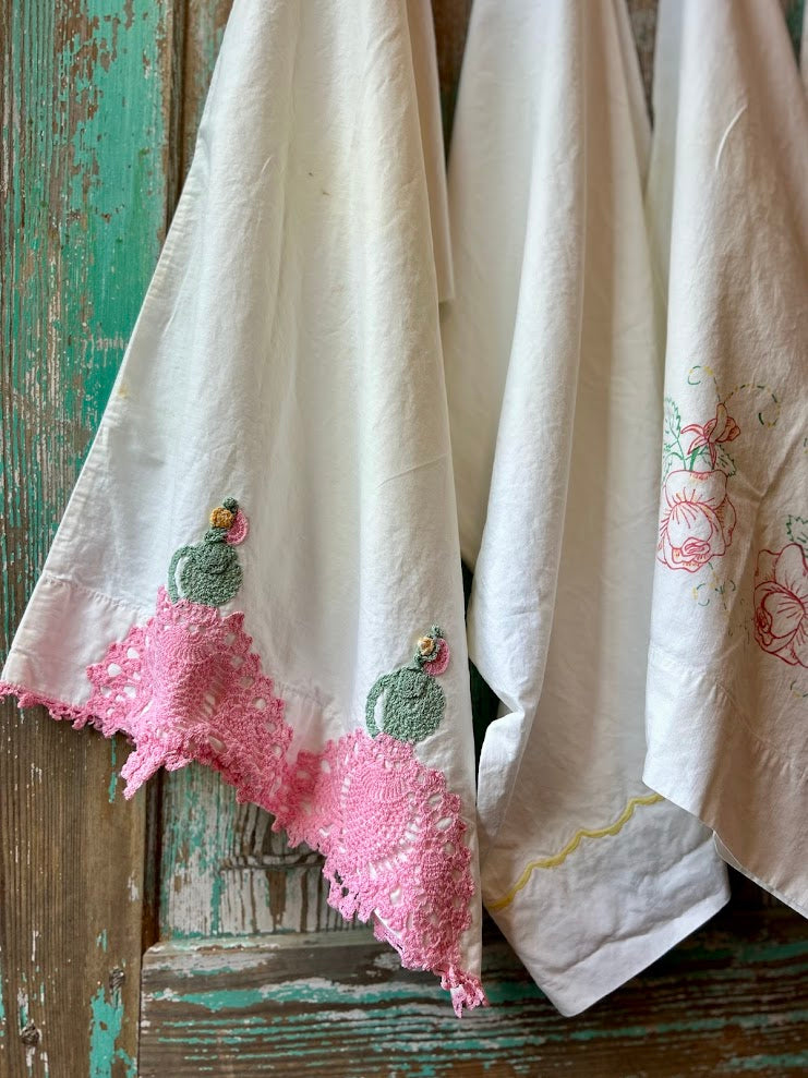 Set of 4 Vintage Crafting Pillowcases: Crocheted & Printed