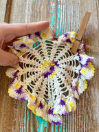 Set of 5 Vintage Crocheted Doilies: Purples, Pinks, and Yellows