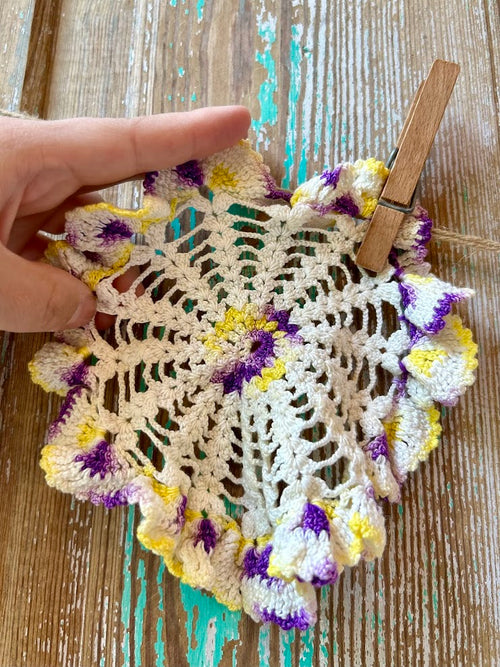 Set of 5 Vintage Crocheted Doilies: Purples, Pinks, and Yellows