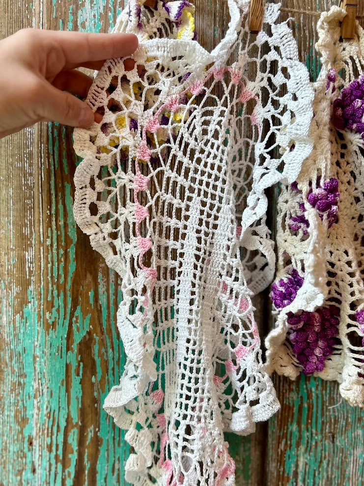 Set of 5 Vintage Crocheted Doilies: Purples, Pinks, and Yellows