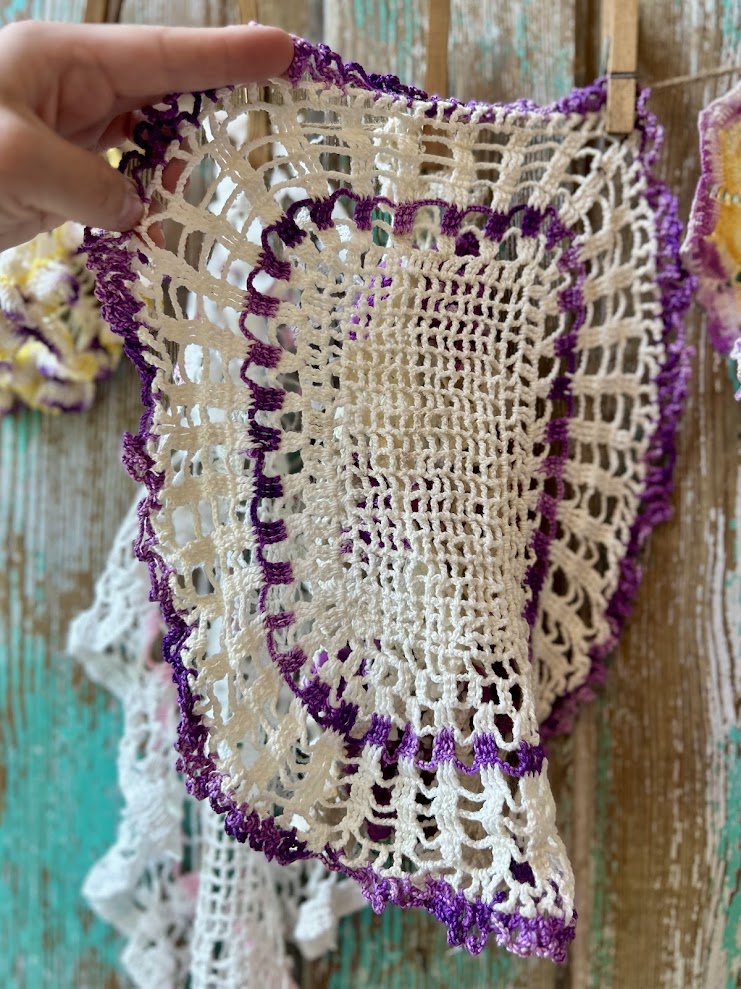 Set of 5 Vintage Crocheted Doilies: Purples, Pinks, and Yellows