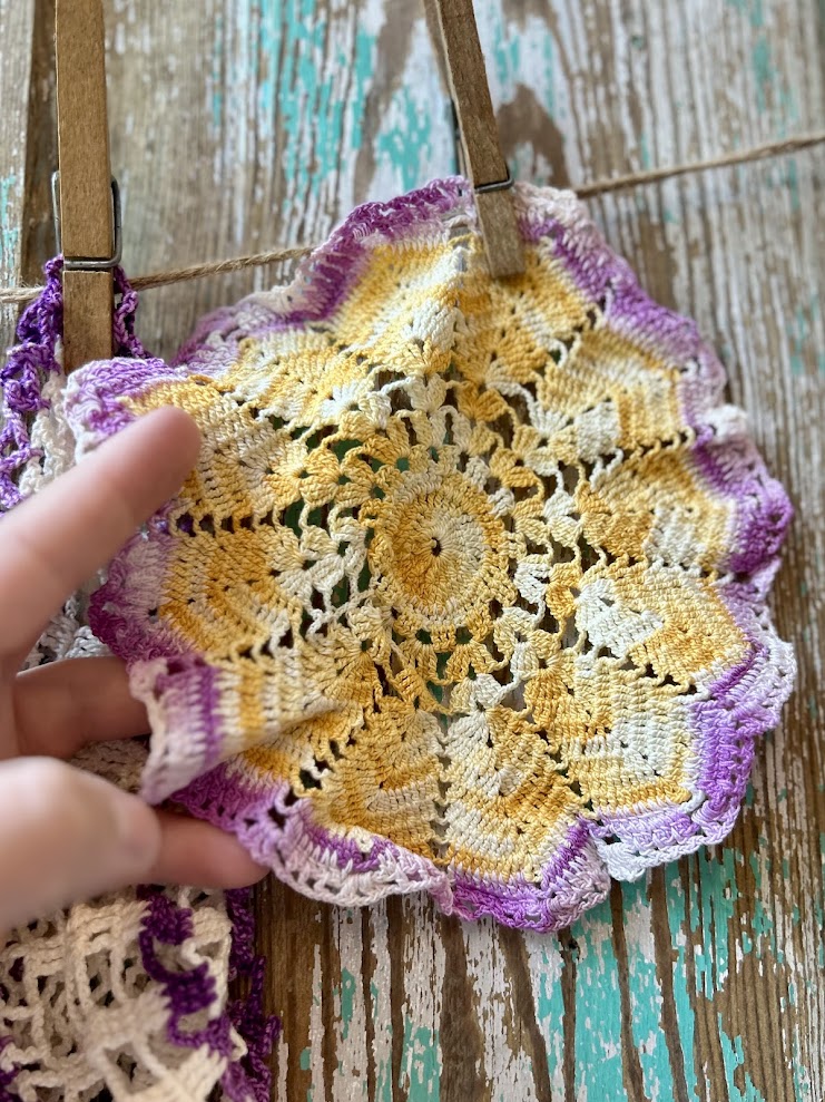 Set of 5 Vintage Crocheted Doilies: Purples, Pinks, and Yellows