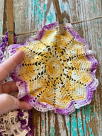 Set of 5 Vintage Crocheted Doilies: Purples, Pinks, and Yellows