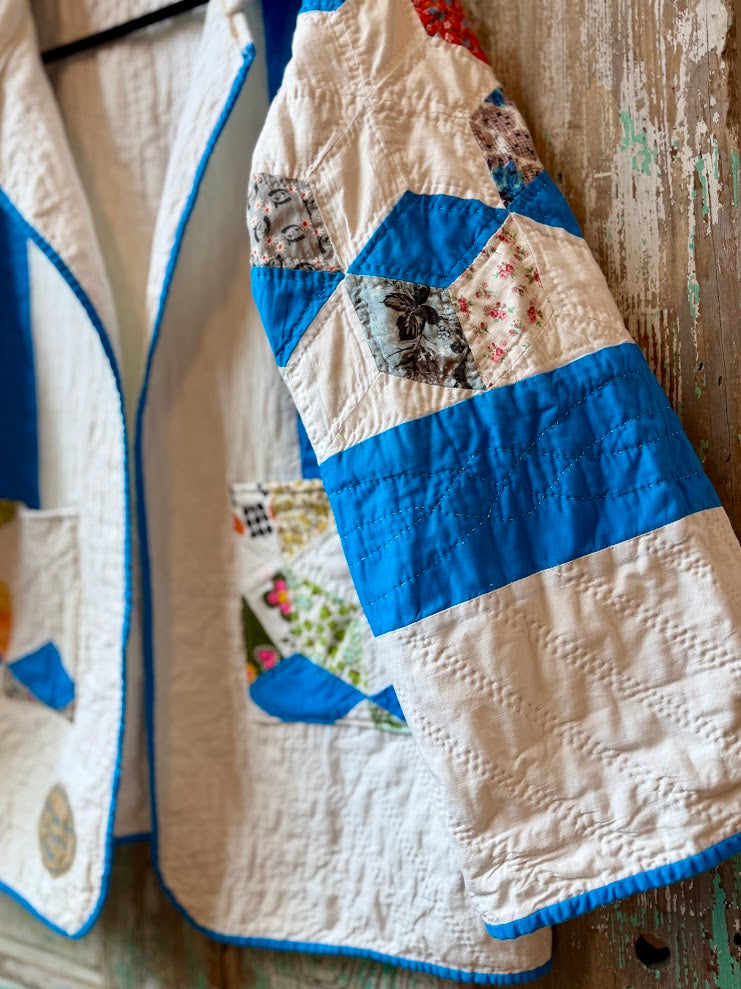 Upcycled Vintage Tumbling Blocks Quilt Coat with Pockets: Unisex Small