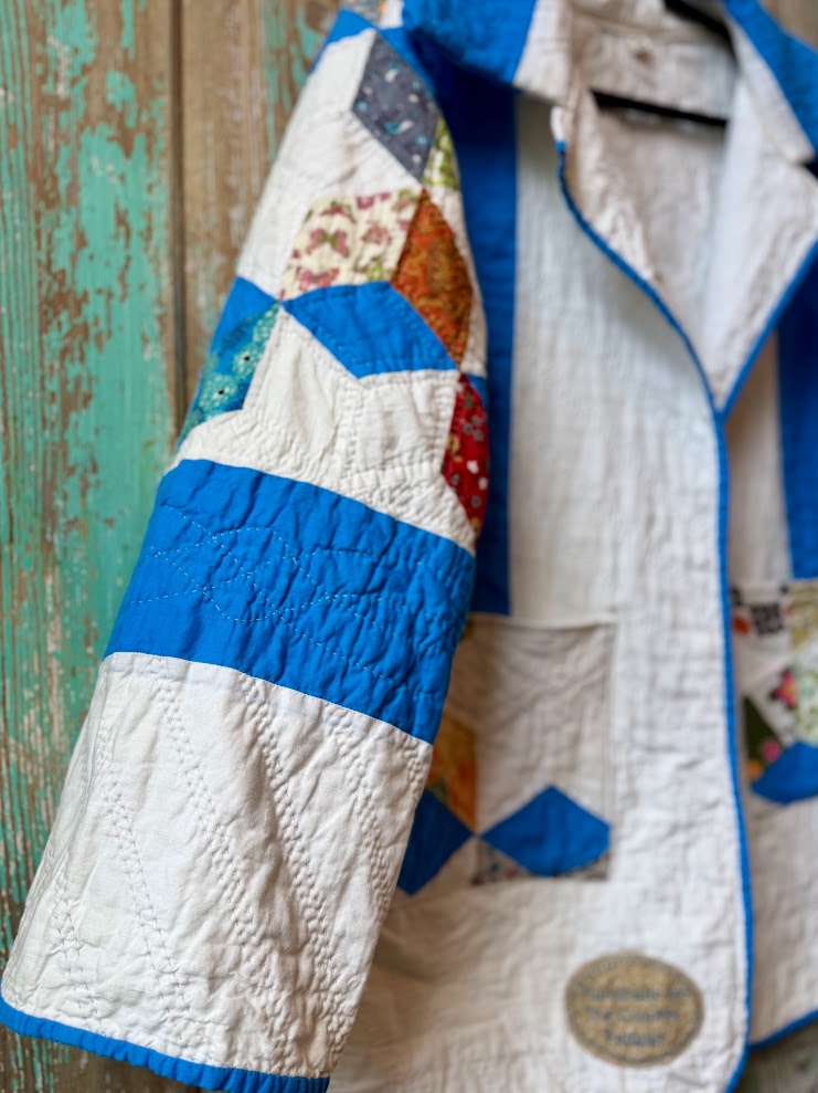 Upcycled Vintage Tumbling Blocks Quilt Coat with Pockets: Unisex Small