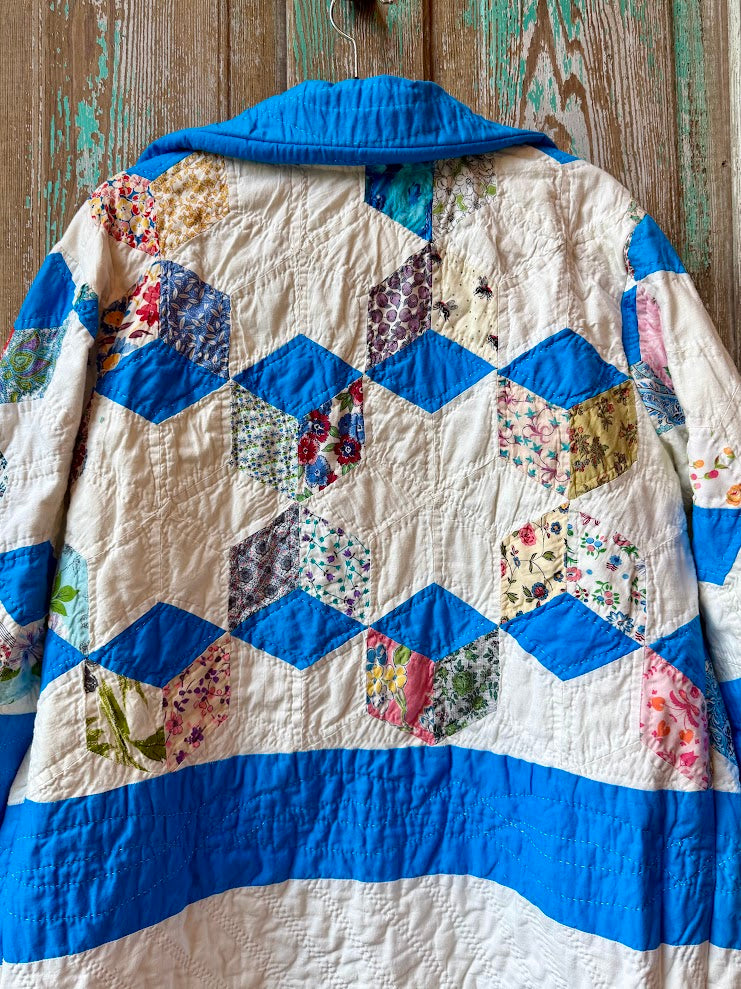 Upcycled Vintage Tumbling Blocks Quilt Coat with Pockets: Unisex Small